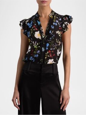 Alice & Olivia Arlette Floral Flutter Sleeve   Black floral Blouse